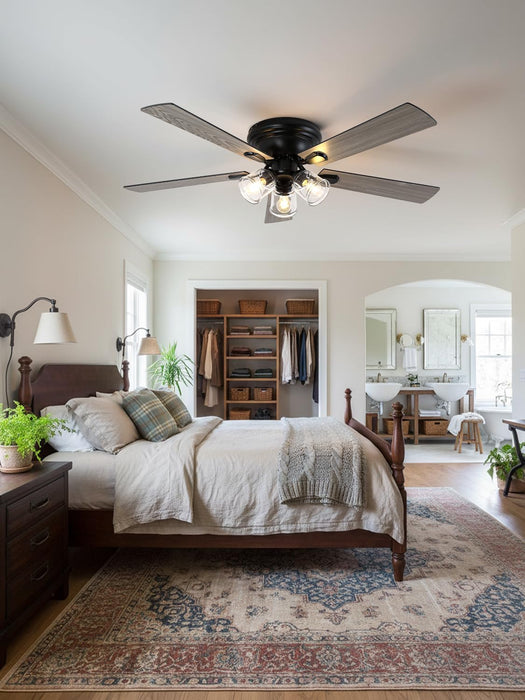 52 Inch Vintage Ceiling Fan with Light and Remote Control | Flush Mount Chandelier Fandelier Rustic with 6 Speeds 5 Reversible Blades for Bedroom Kitchen Dining Room