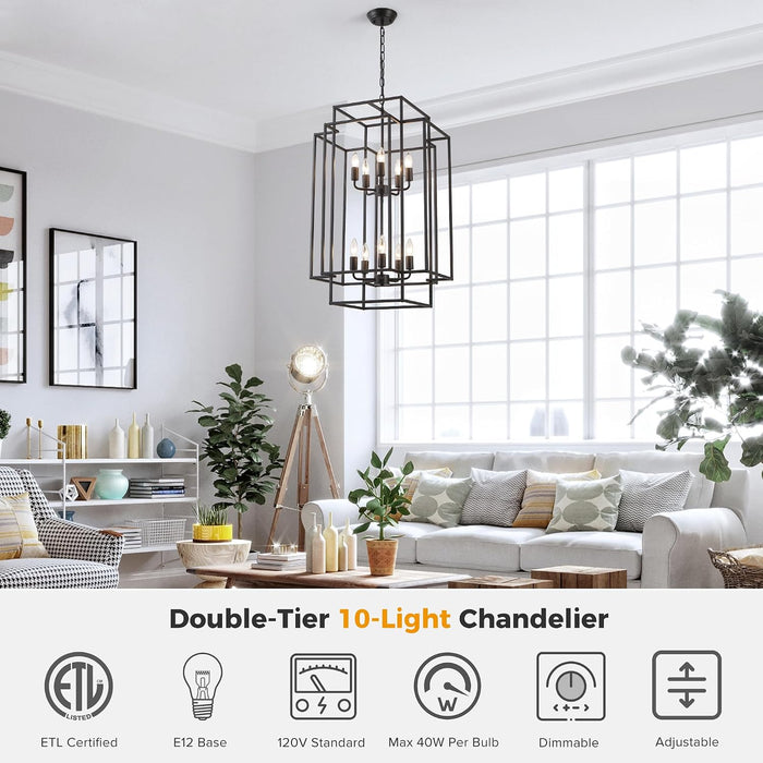 Large Lantern Chandelier for Entryway Foyer, 2-Tier Matte Black Cage Chandelier, 10-Light Hanging Light Fixture for High Ceiling Staircase Living Room