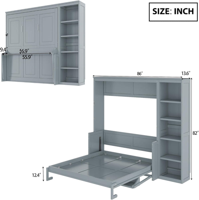 Murphy Bed Wall Bed, Fold-Down Wall-Mounted Bed with Desk and Bookshelf, Space-Saving Guest for Small Rooms, Easy Assembly, Full/Queen Size (Gray, Full)