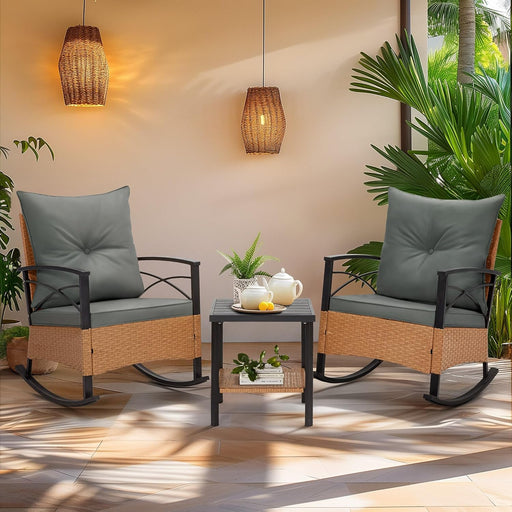 3-Piece Patio Furniture Set, Outdoor Rocking Chair with Thick Cushions and 2-Tier Coffee Table, Wicker Rocker Bistro Set for Porch Deck Garden Poolside, Grey