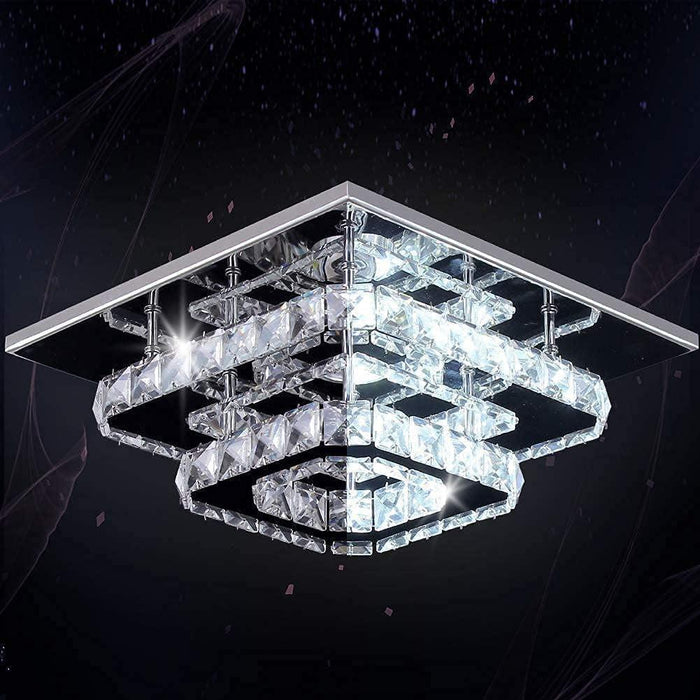 Crystal Ceiling Light Square Chandelier Modern LED Flush Mount 2 Layers Ceiling Lamp Lighting Fixture for Dining Room Living Room Bedrooms Kitchen Hallway Foyer (Cool White)
