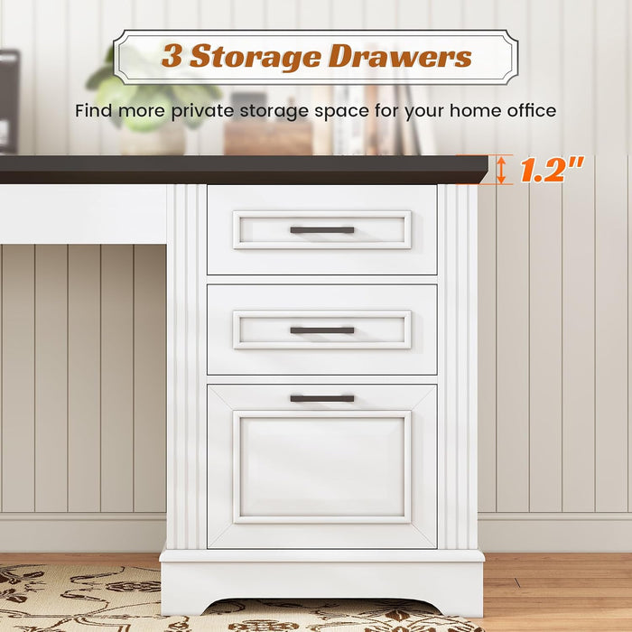 Office Desk with 3 Drawers, 55" Executive Computer Desk with Storage Drawers, Farmhouse Desk with Power Outlet for Home Office, White