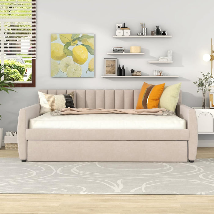 Full Size Daybed with Trundle, Upholstered Day Bed Frame Velvet Sofa Beds with Vertical Channel Tufted Headboard for Living Room, Bedroom, Beige