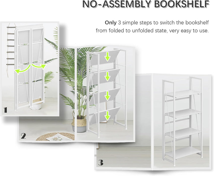 No Assembly Folding Bookshelf Storage Shelves 4 Tiers Vintage Bookcase Standing Racks Study Organizer Home Office (All White)