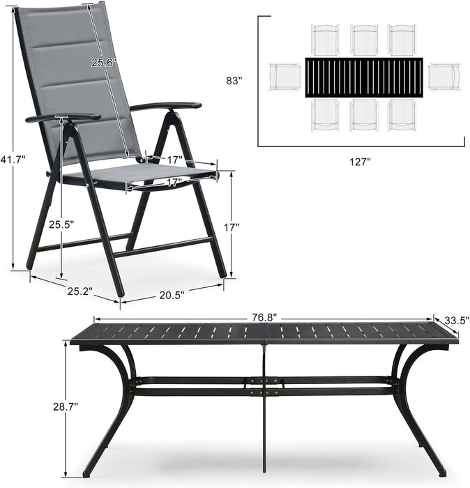 9 Pieces Outdoor Patio Dining Set with 8 Folding Portable Chairs and 1 Rectangle Aluminum Table, Foldable Adjustable High Back Reclining Chairs with Soft Cotton-Padded Seat, Grey