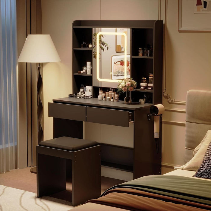 Vanity Desk with Mirror and Lights, for Bedroom,Adjustable 3 Color Lights Modes，Includes Padded Stool, Makeup Table Set with Hidden Storage Shelves, USB Outlets, Hairdryer Holder