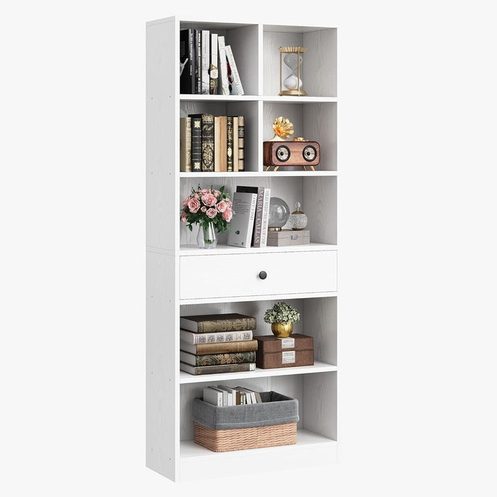 Bookcase and Bookshelves, 70" Tall Bookshelf Floor Standing 6 Tiers Display Storage Shelves, Book Shelf with Drawers for Home Office, Living Room, Bedroom, Library, White