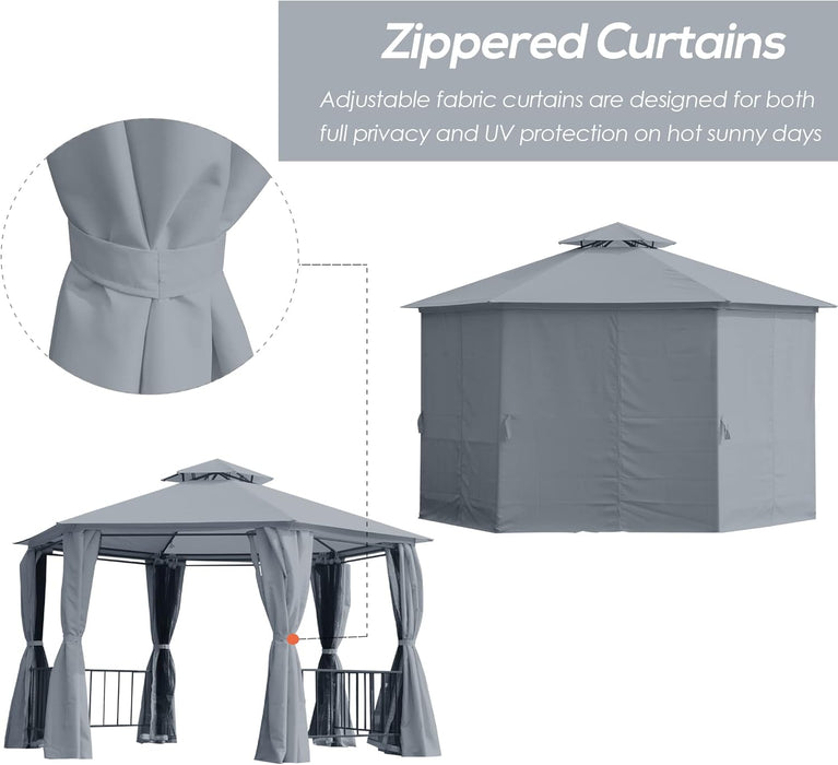 13' X 13' Patio Gazebo, Double Roof Hexagon Outdoor Gazebo Canopy Shelter with Netting & Curtains, Solid Steel Frame for Garden, Lawn, Backyard and Deck, Gray