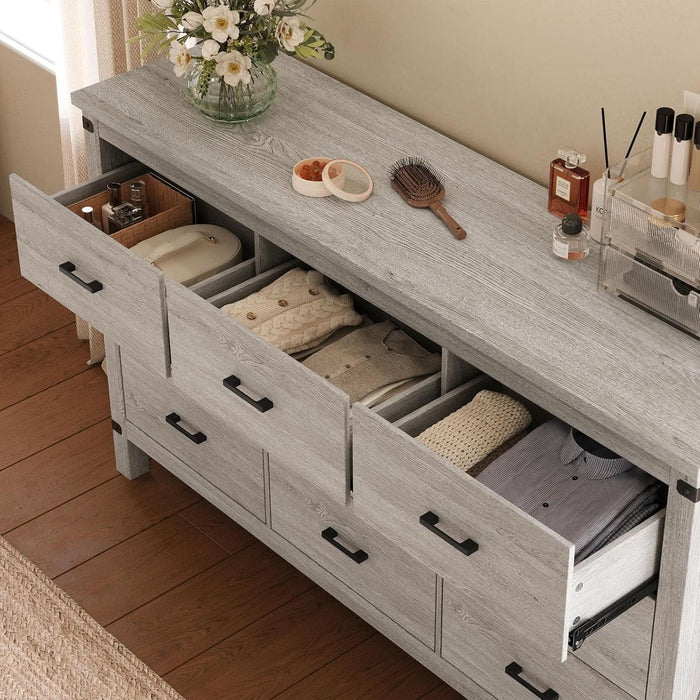 Dresser for Bedroom with 9 Drawers, 59” Wide Chest with Deep Drawer, Modern Farmhouse Dresser TV Stand with Metal Handles, Wood Storage Cabinet for Closet, Living Room, Hallway, Wash Grey