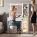 Small Vanity Desk with Mirror and Lights, Makeup Vanity Desk with Adjustable Brightness 3 Light Modes, RGB Storage Cabinet, Power Outlet, Drawer, Shelves, Vanity Table for Women Girls Bedroom
