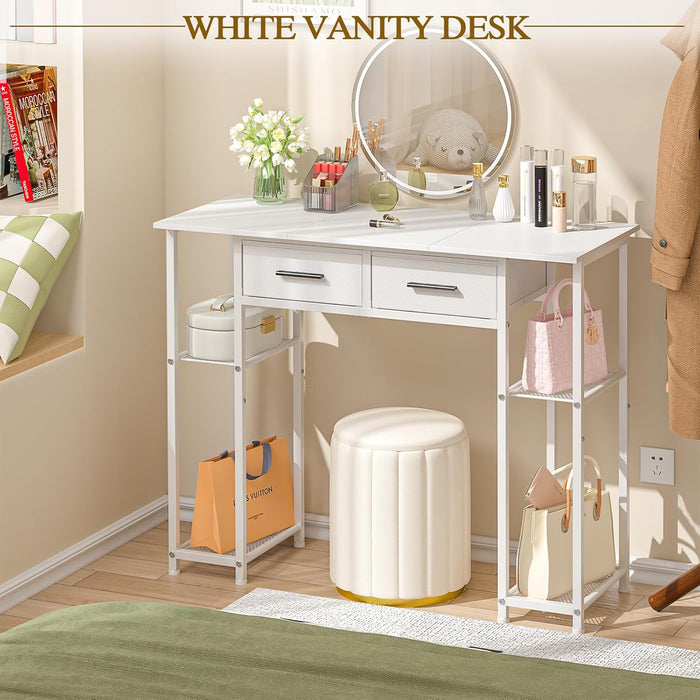 White Vanity Desk No Mirror, Small Makeup Table with Drawers, Girls Vanity Dressing Table with Storage Shlef for Bedroom, 37.3 Inches Compact Vanity for Small Spaces