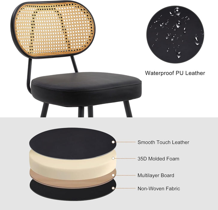 Counter Height Bar Stools Set of 2, 26" Seat Height Barstools with Rattan Back and Metal Legs, Upholstered Faux Leather Bar Chairs for Kitchen Island, Home Bar, Black