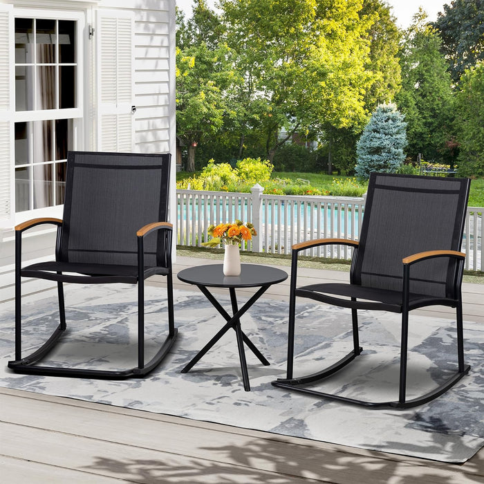 3 Piece Outdoor Rocking Bistro Set, Textilene Fabric Small Patio Furniture Set, Front Porch Rocker Chairs Conversation Set with Table for Lawn, Garden, Balcony, Poolside (Black)