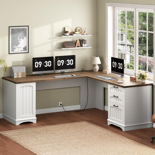 Farmhouse L Shaped Computer Desk, Computer Desk with Power Outlets, 59" Corner Office Desk with Filing Cabinet & Adjustable Shelves, for Home Office, Study, White and Walnut WH150UDN01