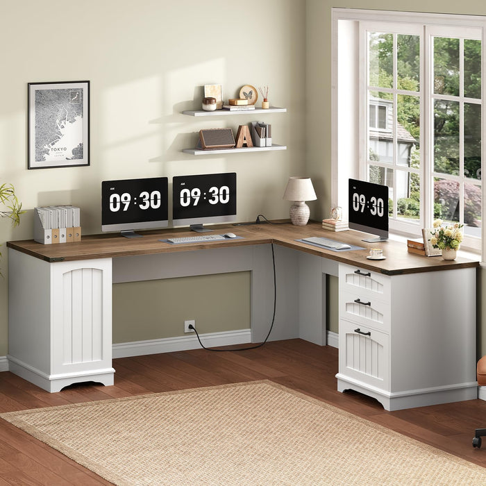 Farmhouse L Shaped Computer Desk, Computer Desk with Power Outlets, 59" Corner Office Desk with Filing Cabinet & Adjustable Shelves, for Home Office, Study, White and Walnut WH150UDN01
