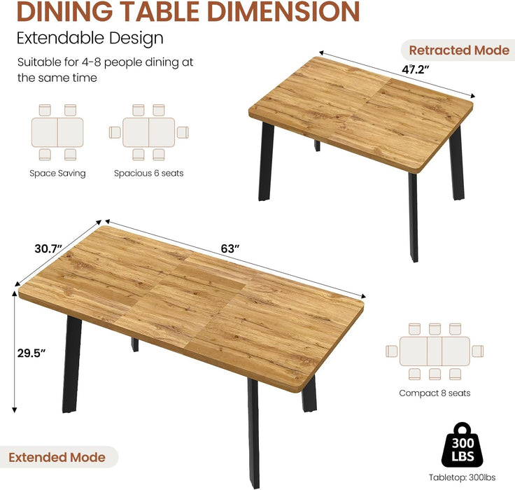 Modern 47.2"-63" Extendable Rectangular Dining Room Table, Walnut | Removable Extension Leaf, Durable MDF Tabletop, Accommodates 4-8 Guests, Great for Dining Room Small Kitchen & Dinner Spaces