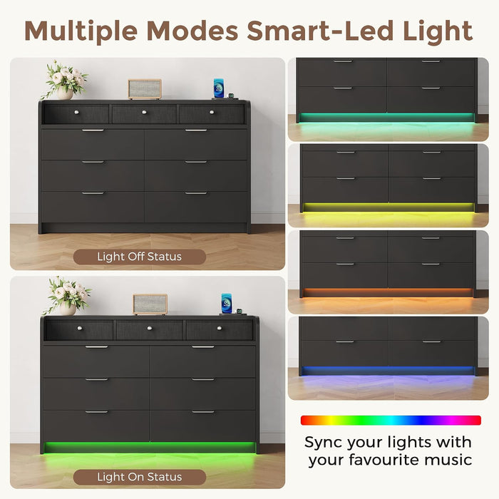53'' Wide 9 Drawer Dresser for Bedroom, Wood TV Stand Dresser with Power Outlets & LED Light, Chest of Drawers Closet Store Organizer for Living Room, Hallway, Black