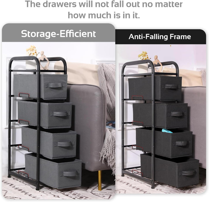 4 Drawer Narrow Dresser Fabric Storage Tower Vertical Slim Storage Chest Organizer Nightstand Side/End Table Small Standing Organizer Removable Drawers Wood Top for Bedroom, Bathroom（Black)