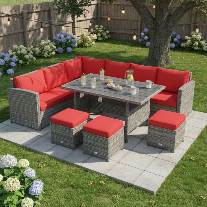 7 Pieces Patio Furniture Set, Outdoor Sectional Rattan Sofa Set with Cushions, All Weather Wicker Conversation Couch Set W/Dining Table & Ottomans for Backyard Garden Poolside