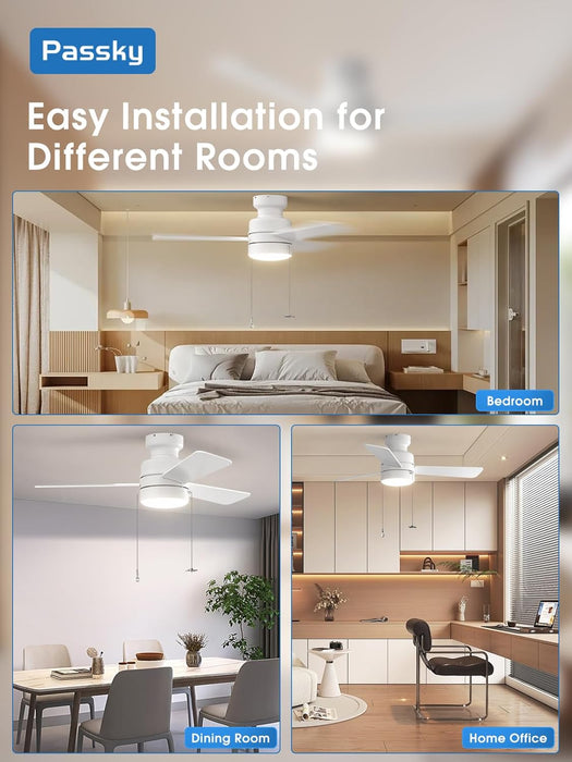 Ceiling Fans with Lights, 42 Inch Low Profile Ceiling Fan with Pull Chain and Remote Control, Flush Mount, Reversible, 5CCT, Dimmable, Noiseless, White Pull Cord Ceiling Fan for Bedroom