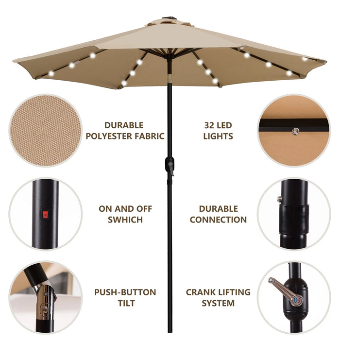 9 FT 32 LED Patio Solar Umbrella W/ Push Button Tilt and Crank Outdoor Umbrella Taupe