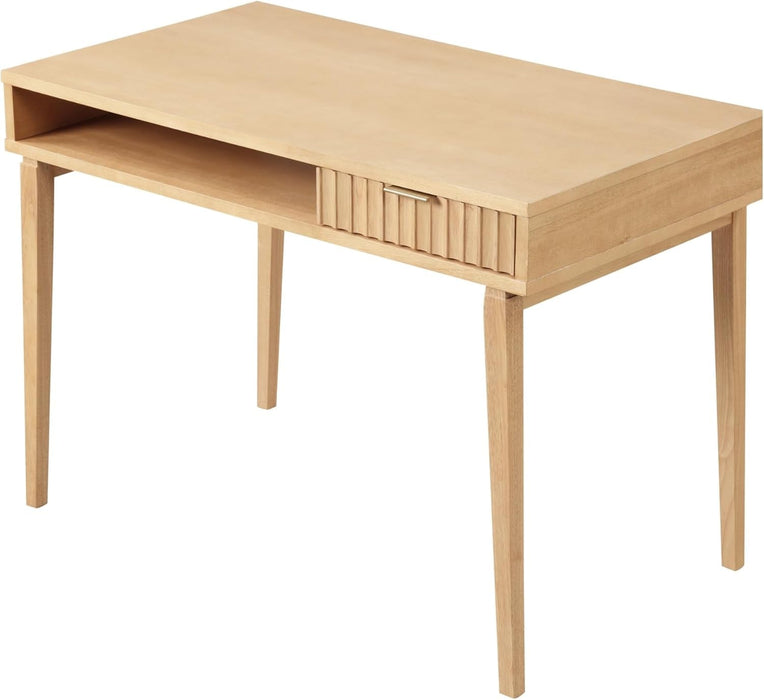 Jasper Small Home Office Desk with Storage, Bohemian Writing Desk with Drawer and Open Cubby, Natural Brown