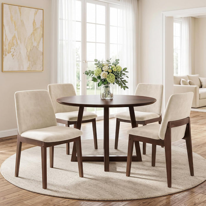 Wooden Dining Chairs Set of 4, Mid Century Modern Kitchen Chairs with Ergonomic Back & Upholstered Linen for Kitchen Dining Vanity, Beige