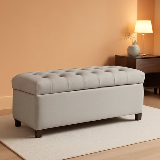 Home Decor | Tufted Ainsley Button Storage Ottoman Bench with Hinged Lid | Ottoman Bench with Storage for Living Room & Bedroom, Grey