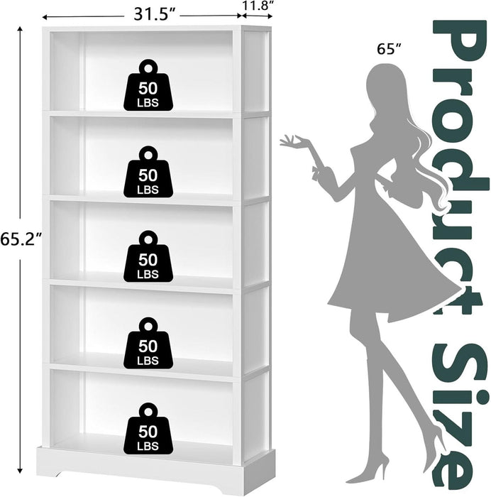 5-Tier Wooden Book Shelf, 65"H × 31.5"W × 9.9“D Bookshelf with Storage, Floor-Standing Display Bookcase, Farmhouse Style Bookshelf with Arched Base, Suitable for Living Room, Study, Office, White