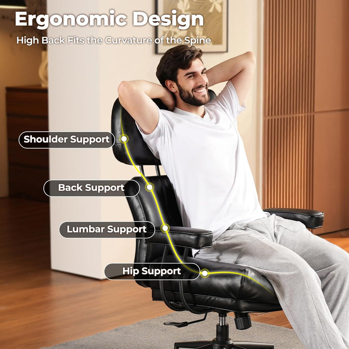Ergonomic Home Office Chair, Mid-Century Modern Leather Chair with Lumbar Support, High Back Swivel Rolling Executive Chair with Comfy Thick Cushion (Black, PU Leather)