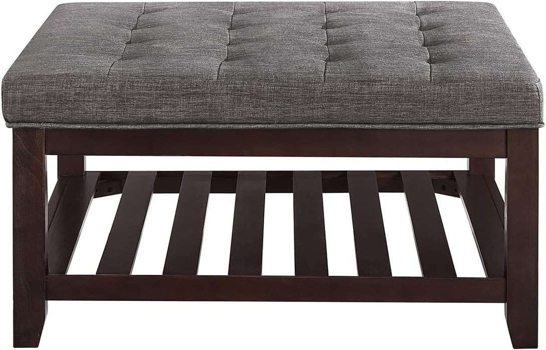 Large Square Upholstered Tufted Linen Ottoman Coffee Table, Large Footrest Ottoman with Solid Wood Shelf-Dark Gray