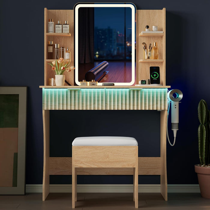 Oak Premium Vanity Desk With IntegratedLED MirrorOutlet