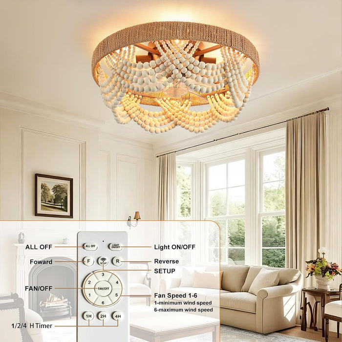 Boho Ceiling Fans with Lights: 20 Inch Wood Beaded Flush Mount Fandelier with Remote and Timer Control - Elegant Vintage Caged Ceiling Fan - Indoor Quiet 6 Speeds for Bedroom, Living Room