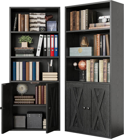 Industrial Bookshelves and Bookcases with Doors 11.8 in Depth Set of 2 Floor Standing 5 Shelf Display Storage Shelves Bookcase Home Decor Furniture for Home, Office, Living Room, Bedroom