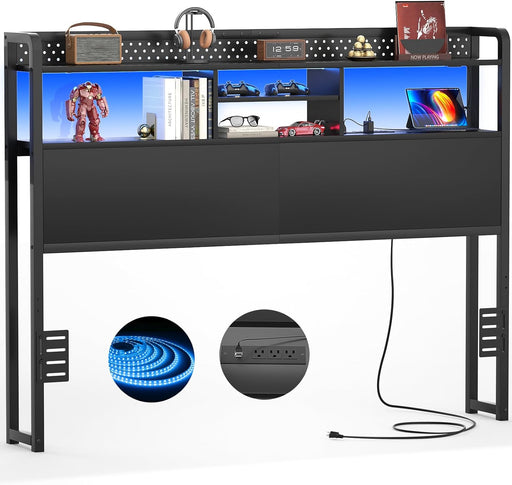 Headboard for Queen Size Bed with Storage Shelf, Head Board with 3 Outlets and 2 USB Ports, Headboards with RGB LED Light, Height Adjustable, Sturdy and Stable, Easy Assembly, Black