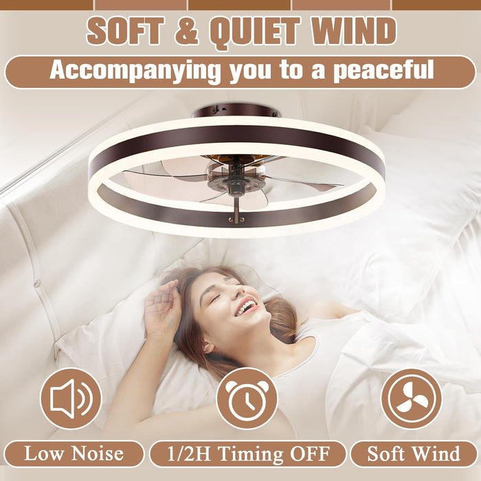 Low Profile Ceiling Fans with Lights and Remote, 19.7In Flush Mount Ceiling Fans with Light, 3000K-6500K Dimmable Fandelier LED Fan Light, Brown Bladeless Ceiling Fans with Lights for Bedroom