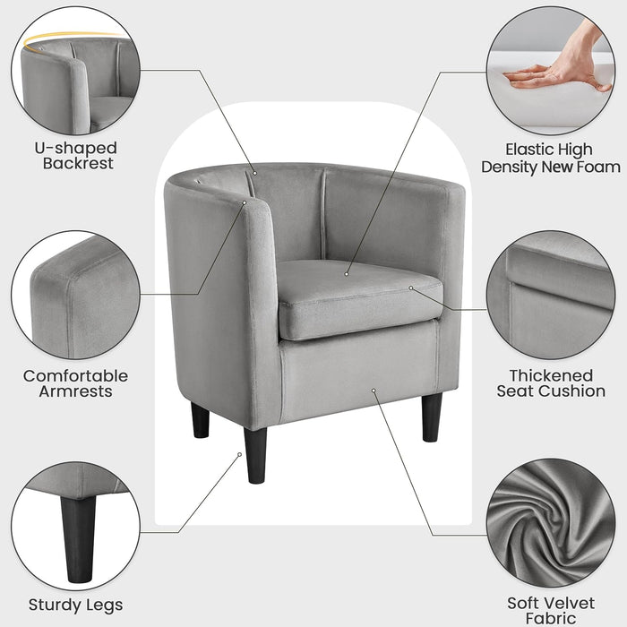 Accent Chair, Modern Velvet Armchairs with Big Ample Seat, Cozy Upholstered Barrel Sofa Chair for Living Room Bedroom Waiting Room, Set of 2, Gray