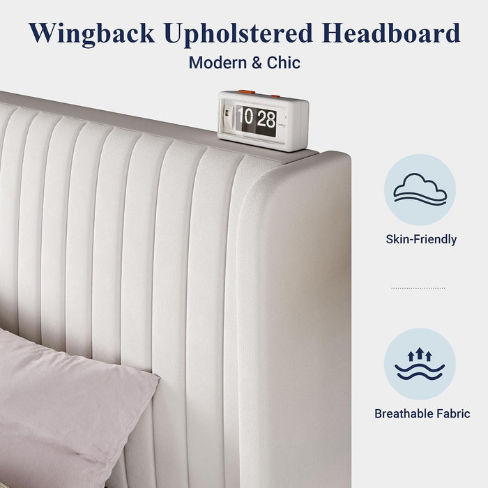 Queen Size Velvet Bed Frame/Vertical Channel Tufted Wingback Headboard/Upholstered Platform Bed/Strong Wooden Slats/No Box Spring Needed/Easy Assembly/White
