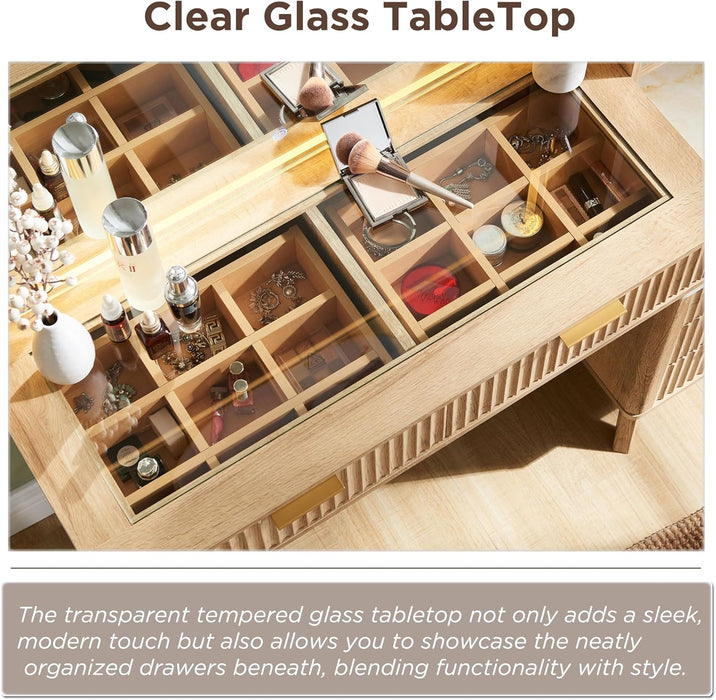 48" Fluted Vanity Desk with 36" Large HD Mirror and Lights, Modern Wood Glass Tabletop Makeup Table with Adjustable Storage Shelves, 5 Drawers, Charging Station for Bedroom, Natural Oak