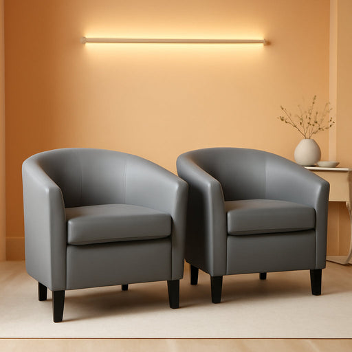 Gray Faux Leather Sophisticated Barrel Chairs Pair