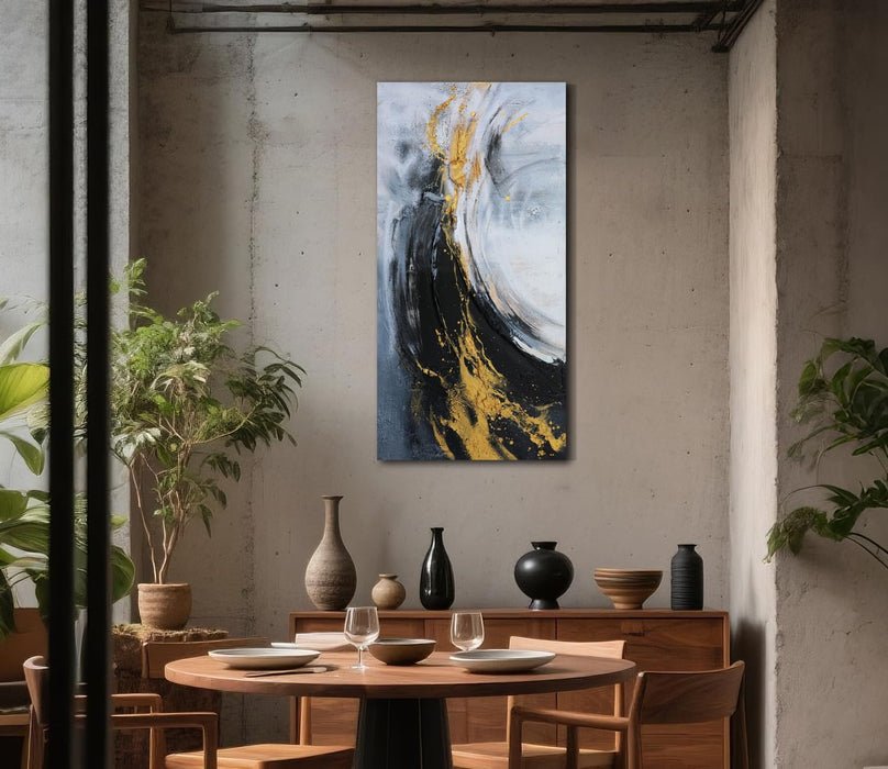 Abstract Canvas Wall Art Black and White Golden, 50% Handmade Thick Textured Painting 40"X20", Modern Art Picture Artwork for Living Room Bedroom Men Office Hallway Large Decoration