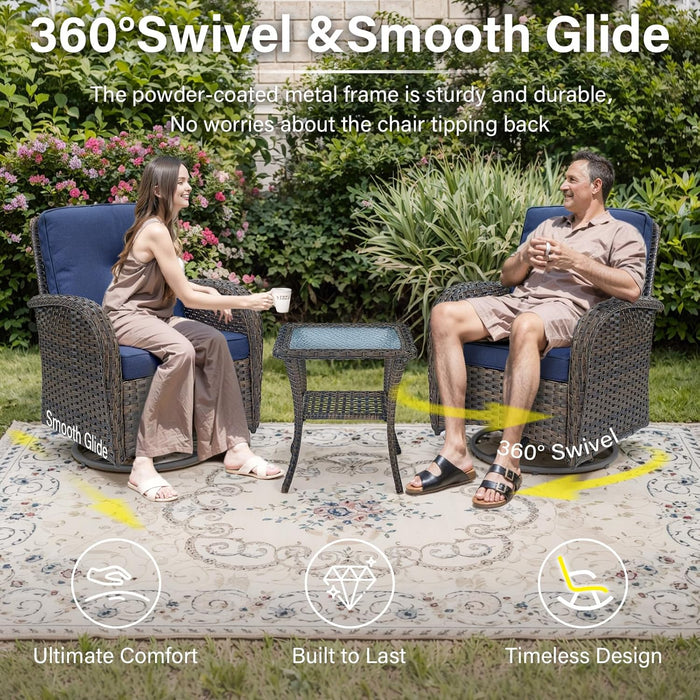 Patio Wicker Chairs Swivel Rocker Outdoor Swivel Rocking Chairs Set of 2 with Rattan Side Table Swivel Glider Chair 3 Piece Patio Furniture Sets for Patio Porch Pool Brown/Blue, (A085-1)