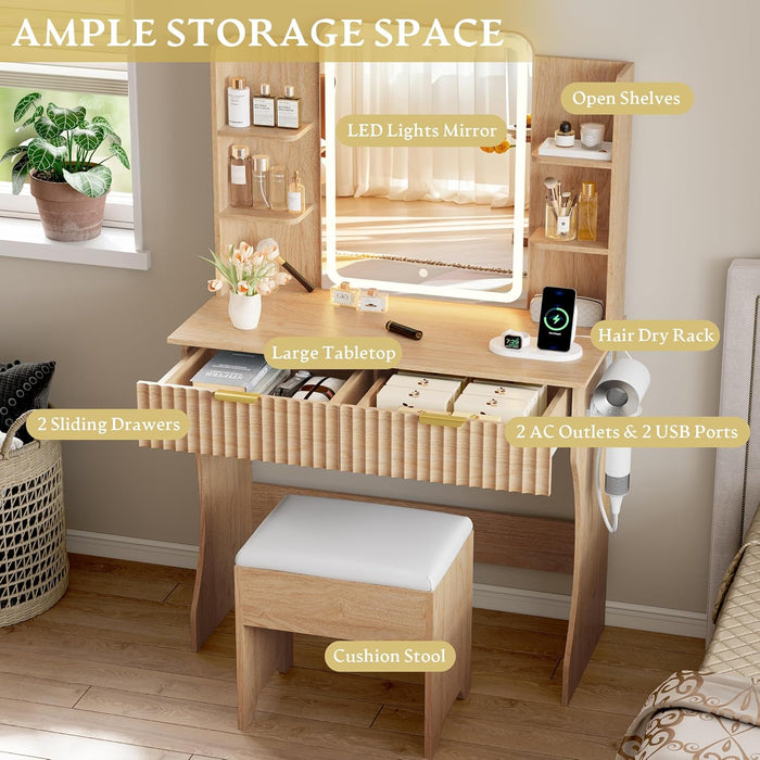 Oak Premium Vanity Desk With IntegratedLED MirrorOutlet