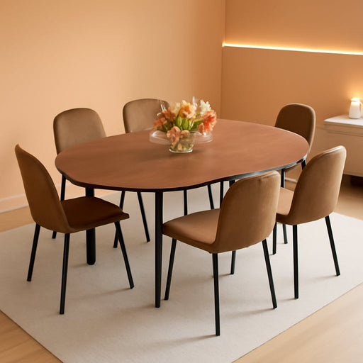 Walnut Dining Table Set for 6, 42"-54" Extendable round to Oval Table with 6 Suede Upholstered Chairs, Mid Century Modern Dining Room Set for Small Spaces (Walnut Table + 6 Brown Chairs)
