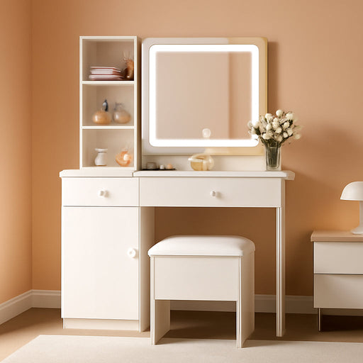 White Vanity Desk Illuminated Mirror Storage Cabinet