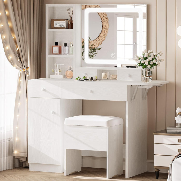 White Vanity Desk Illuminated Mirror Storage Cabinet