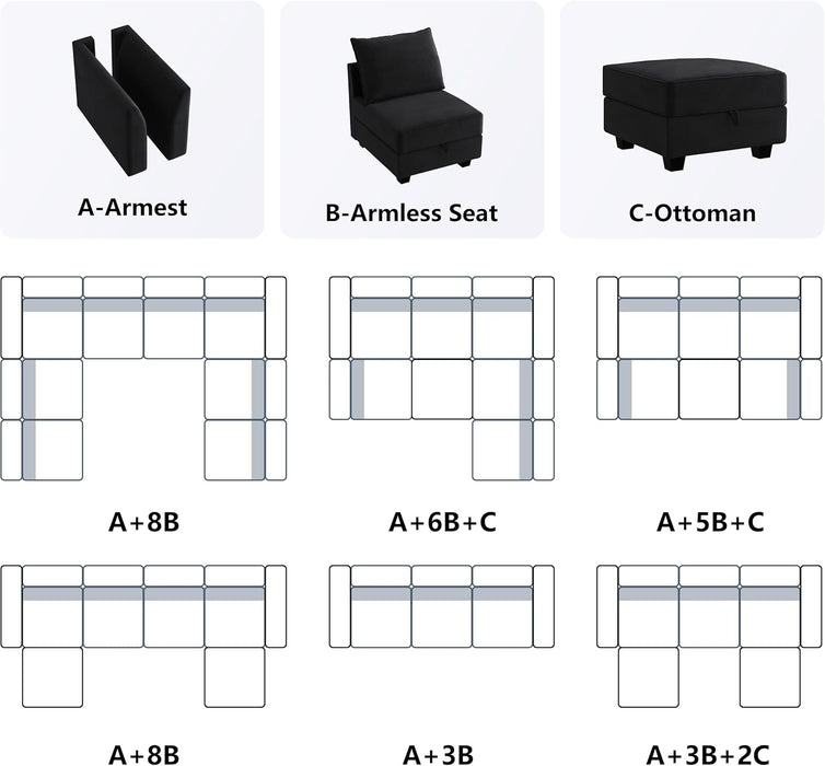 Ottoman Module for Modular Sectional Sofa, Storage Ottoman Square Ottoman Bench for Living Room, Velvet Black