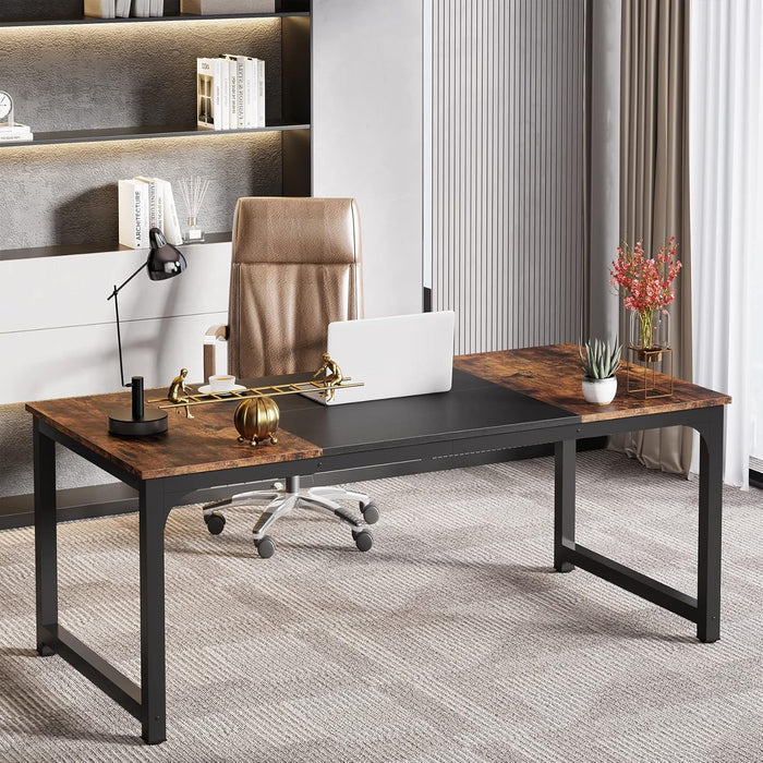 70.8 Inch X-Large Executive Computer Office Desk, Brown+Black
