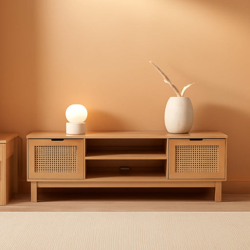 Destin Modern Minimal Rattan-Door TV Stand for Tvs up to 80 Inches, 70 Inch, Coastal Oak