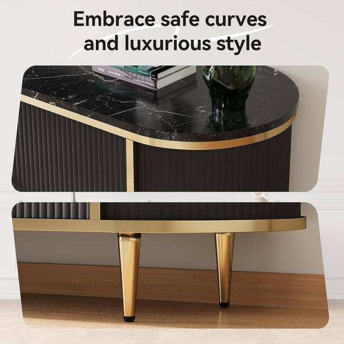 Luxury 70" Fluted TV Stand, Modern Entertainment Center for Tvs up to 80”, TV Console with Faux Marble Tabletop, Curved Profile Design, Media Console for Living Room, Black